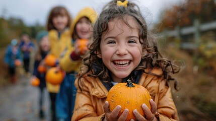 Fototapeta premium Happy Children Holding Pumpkins on a Rainy Autumn Day Outdoors