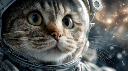 Cute cat astronaut floating in outer space