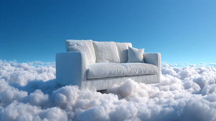 White couch floating above clouds in sky