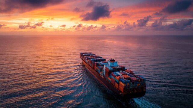 Container ship cargo ocean sunset shipping transport logistics freight maritime water vessel travels across calm sea vibrant sky, reflecting international commerce, import export, and global industry