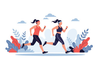 Two athletic women running together outdoors surrounded by plants and clouds on a sunny day enjoying a healthy lifestyle and physical fitness activity