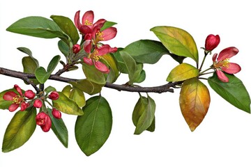 Close-up of an apple blossom branch with vibrant pink flowers, green leaves, and some with autumnal hues, against a plain white background