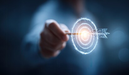 A hand aims a glowing arrow at a target