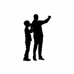 Silhouette of a father and son shouting prices to attract buyers isolated on white background