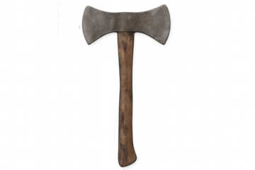 Weathered double-bladed axe featuring rustic wooden handle, isolated on transparent backdrop