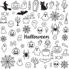 Set of black and white Halloween doodles: spiders, webs, pumpkins, ghosts, witches, hand-drawn lettering. Perfect for coloring pages, cards, posters, decorations, party and seasonal design.