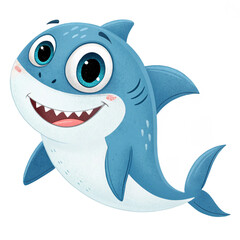 Cute cartoon shark with friendly smile on transparent background for kids party posters, ocean illustrations, educational projects and stickers