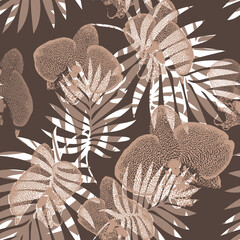 Tropical leaves and orchid flowers in monochrome brown beige tones seamless pattern. Floral botanical illustration for bedding, home textile, package, fabric. Rapport illustration.