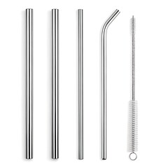 A set of stainless steel straws including straight straws bent straw and a cleaning brush on white background