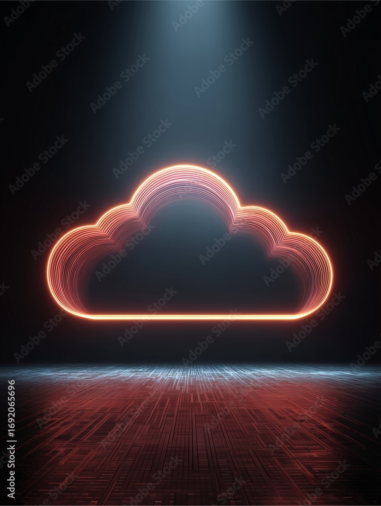 Poster cloud icon: an evocative image of a glowing neon cloud icon with its ethereal glow, is reflected on 