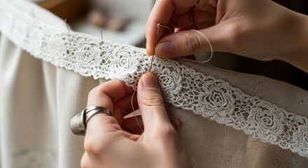 Close-up of hands sewing delicate lace trim onto fabric, hobby and crafts