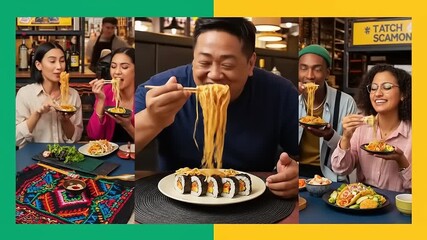 Group of friends enjoying a vibrant meal together in a cozy restaurant, sharing diverse dishes - Powered by Adobe