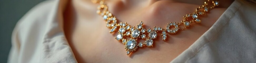Close-up shot of delicate gold necklace with shimmering gemstones, elegant and stylish statement piece, perfect for adding a touch of luxury to any outfit , stylish, pretty, shimmer