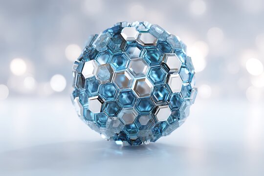 Stunning abstract sphere composed of shimmering blue and silver hexagonal facets, ideal for technology and science concepts with a futuristic feel
