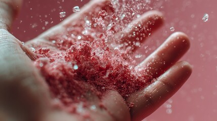 Hand holding crushed pink powder with dramatic splash against soft background