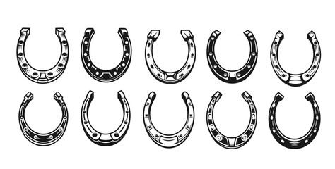 Vintage lucky iron horseshoes, western horse shoe icons. Isolated vector set of black and white horseshoe silhouettes for tattoo art, St Patrick luck symbol. Blacksmith or cowboy gear, lucky charms
