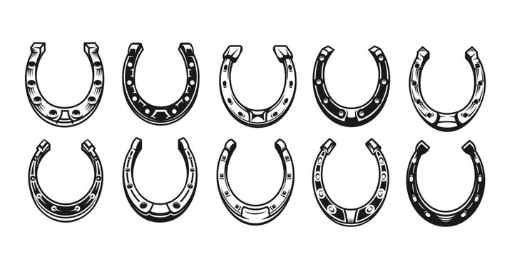 Vintage lucky iron horseshoes, western horse shoe icons. Isolated vector set of black and white horseshoe silhouettes for tattoo art, St Patrick luck symbol. Blacksmith or cowboy gear, lucky charms