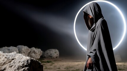 Mysterious figure in hooded cloak, under ethereal light