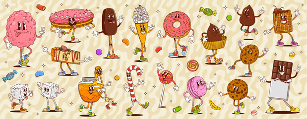 Funny groovy hippie desserts, sweets and candies characters, vector food. Cartoon retro groovy cake, chocolate, ice cream and donut. Psychedelic lollipop, sugar, cookie and waffle, honey and macaron
