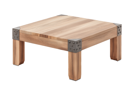 Wooden coffee table, metal legs isolated on transparent white background