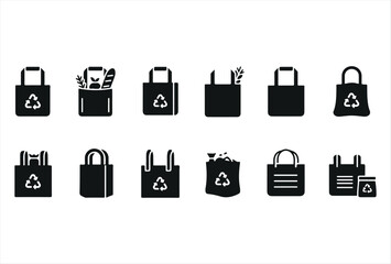 A modern reusable bag icon set featuring various eco-friendly shopping and carry bag designs. Each icon is simple, clear, and easy to recognize, perfect for apps, websites, packaging, or sustainabilit
