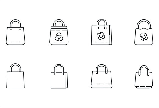 A modern reusable bag icon set featuring various eco-friendly shopping and carry bag designs. Each icon is simple, clear, and easy to recognize, perfect for apps, websites, packaging, or sustainabilit