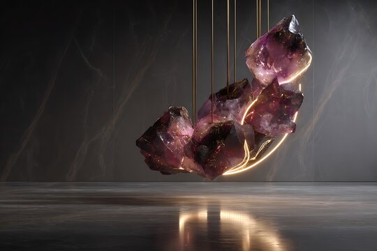 Stunning large amethyst crystal cluster art installation illuminated by a golden ring and suspended in a modern luxury showroom - Powered by Adobe