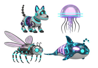 Collection of futuristic robotic animals with glowing neon accents and circuit patterns, 3D render.