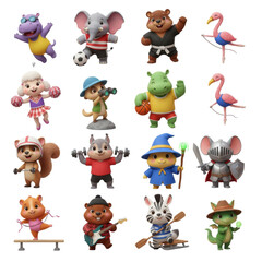 Obraz premium Collection of diverse 3D rendered cartoon animal characters engaged in various activities, sports, and fantasy roles.