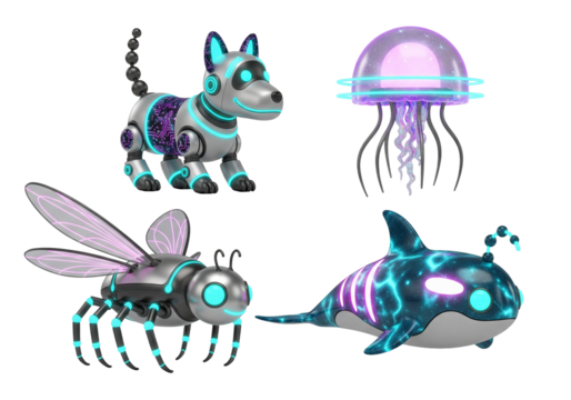 Collection of futuristic robotic animals with glowing neon accents and circuit patterns, 3D render.