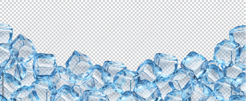 Poster Ice crystal cube blocks frame background. Realistic isolated 3d vector template of horizontal bottom border with blue transparent frozen icy pieces for beverage ads and refreshing product presentation