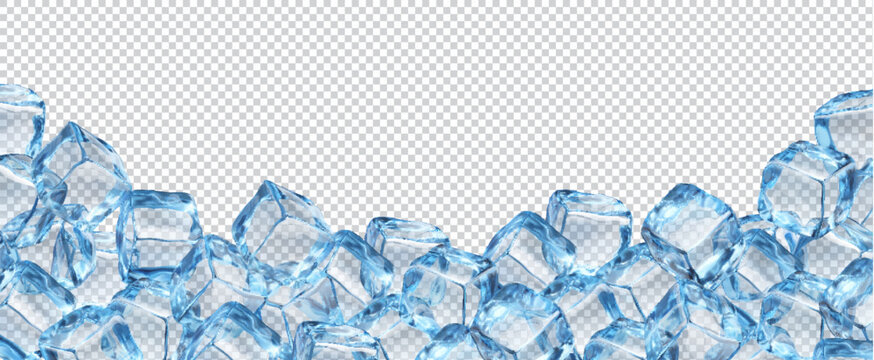 Ice crystal cube blocks frame background. Realistic isolated 3d vector template of horizontal bottom border with blue transparent frozen icy pieces for beverage ads and refreshing product presentation
