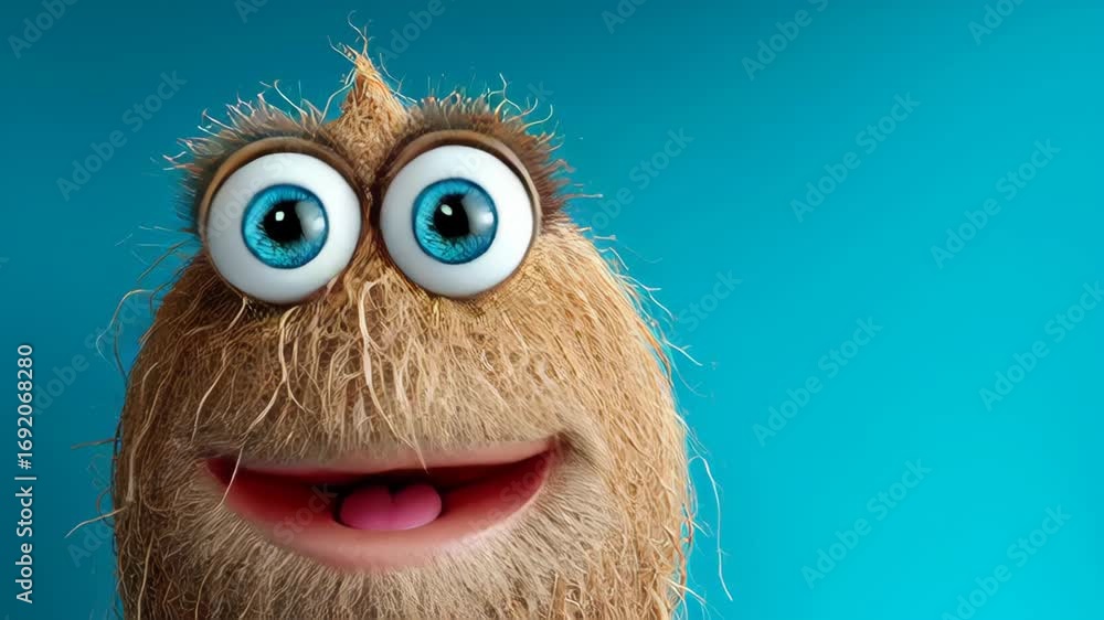 Poster animated character with fluffy texture and large expressive eyes transitions from a neutral expressi