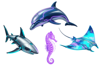 Collection of futuristic glowing marine animals with cybernetic details on black background.