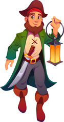 Cartoon medieval pirate and corsair character holds glowing lantern with friendly expression. Vector captain, sailor, skipper or boatswain dressed in classic pirate attire with a hat, sword and boots