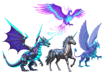 Futuristic digital mythical creatures with glowing neon and circuit elements.