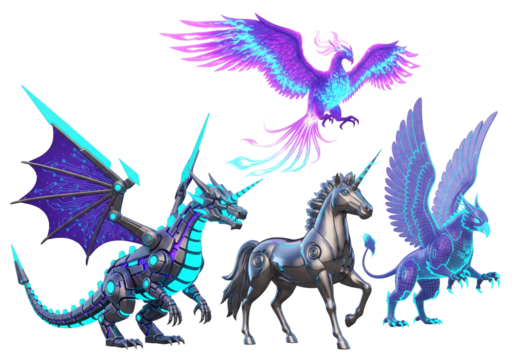 Futuristic digital mythical creatures with glowing neon and circuit elements.