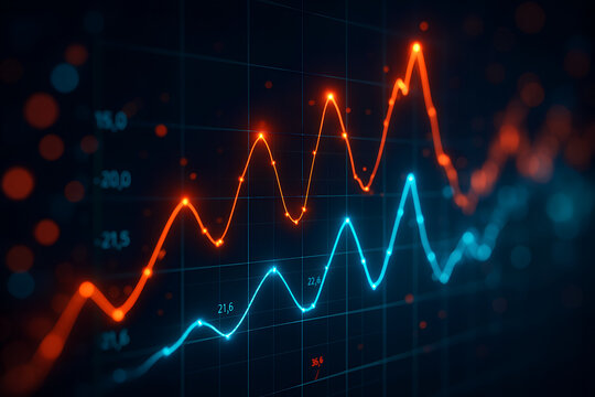 Stock market analysis showing financial growth with rising trends in a vibrant graph on a dark background display screen