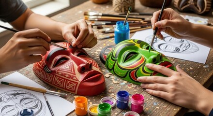 Hands Painting Colorful African Masks in Art Studio