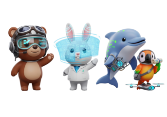 Futuristic 3D animal characters with high-tech gear representing technology, science, and digital innovation.