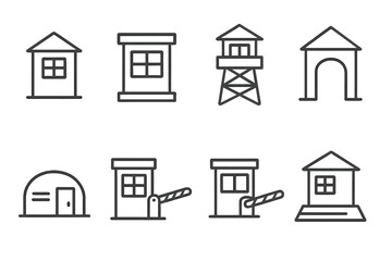 Minimalist building icons: house, tower, guardhouse, archway, bunker, booth, parapet