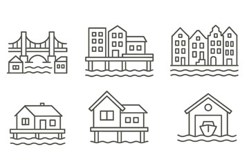 Fototapeta premium Line art collection of flooded structures: bridge, houses, buildings
