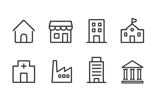 Collection of building icons: home, store, school, hospital, factory, office, government