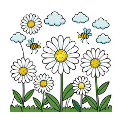 A vibrant field of daisies buzzing with bees under a bright blue sky with fluffy white clouds