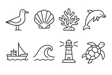 Set of eight minimalist sea-themed line icons: bird, shell, coral, dolphin, boat, wave, lighthouse, turtle