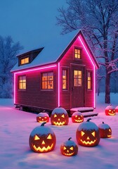 Whimsical halloween cabin scene amidst snowy landscape with glowing pumpkins