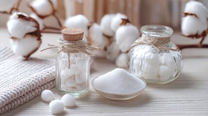 Obraz premium Cotton and skincare products arranged decoratively together on white background indoors