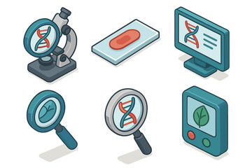 Isometric biology icons set featuring microscope, dna, and plant symbols