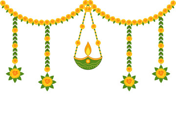 Vector illustration of a beautiful marigold flower garland on a transparent background