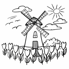 Minimilist outlined drawing of a windmill surrounded by tulips under a sunny sky with clouds and flying birds vector